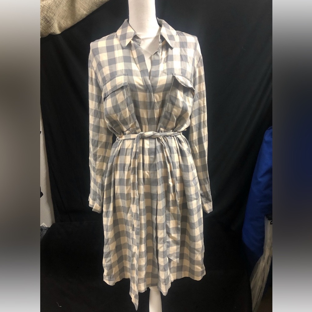 L'AGENCE Checkered Long Sleeve Dress - Gray and Cream